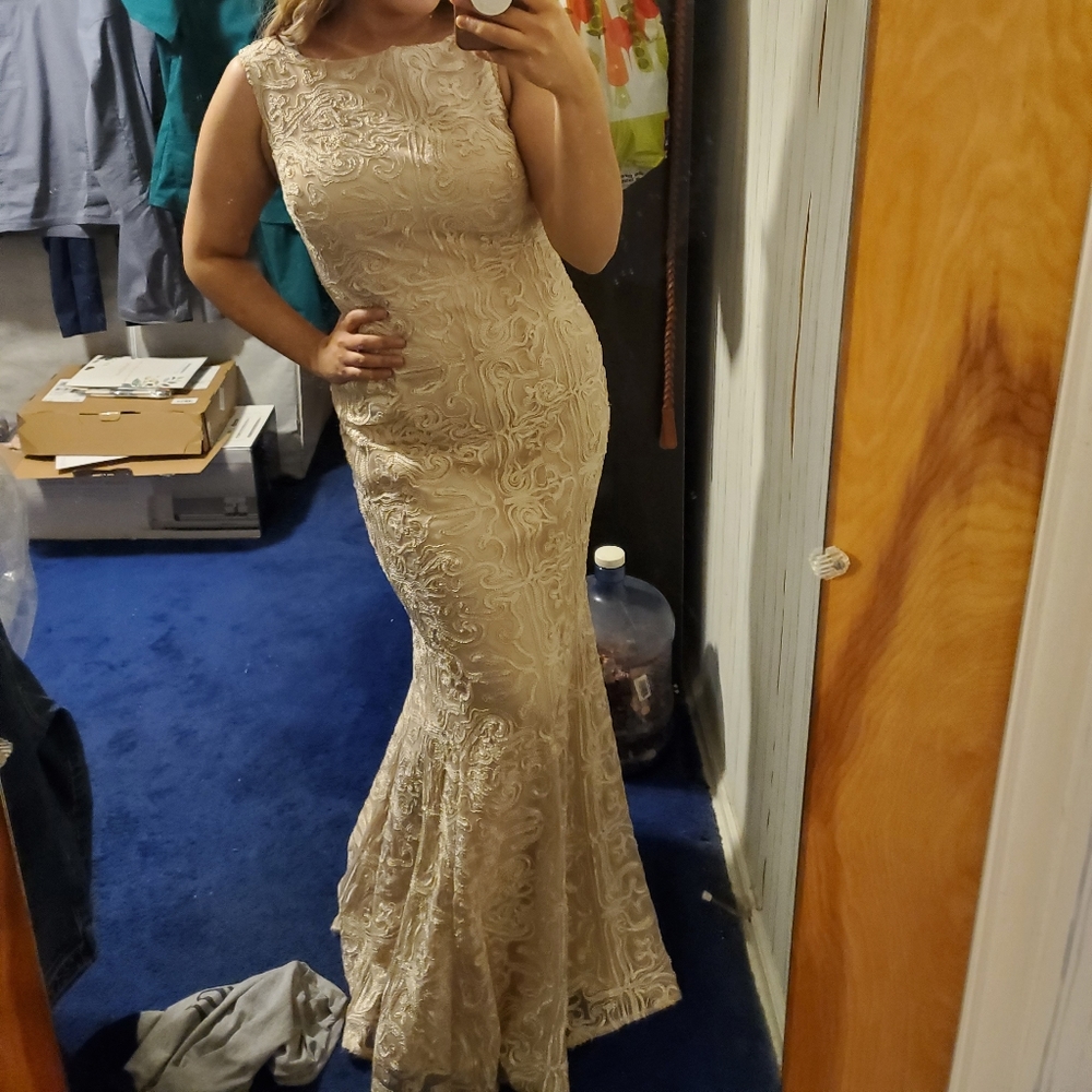 Dillard's gold and tan prom dress